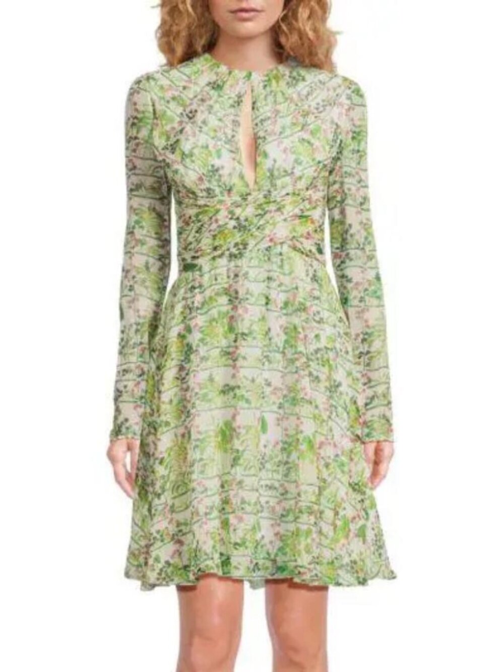 Giambattista Valli leafy silk chiffon long sleeve fit & flare dress keyhole XS